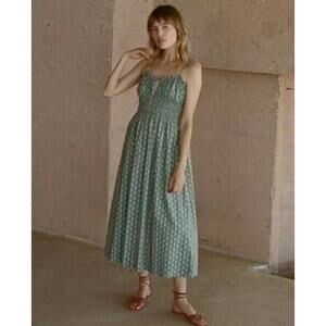 DOEN Sz L Large Rhoda Dress Sunrise Paisley Teal Tie Shoulder Midi